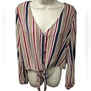 Hiatus Button Front Striped Tie Hem Long Sleeve Blouse Sz M